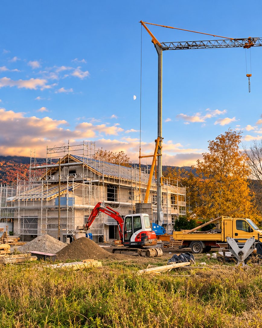 Construction d'une maison par IKRA, avec grue et échafaudages
