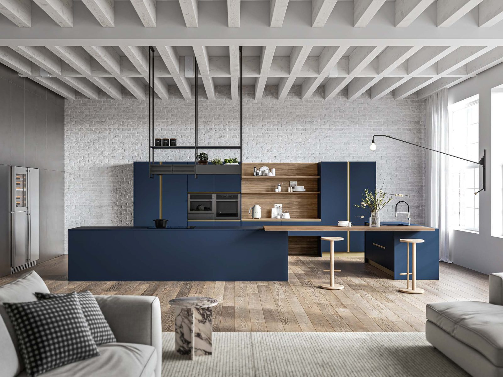 Cuisine sur mesure bleu nuit avec poignées gorge laiton