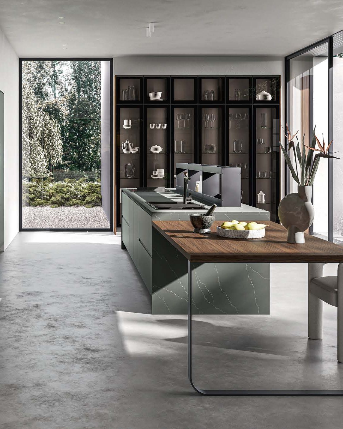 Cuisine sur mesure avec îlot et table en bois